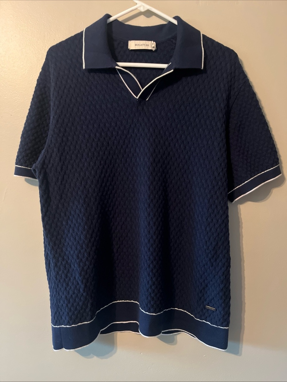 Men’s Bugatchi Pullover Short Sleeve Knit Sweater Shirt Blue Med Cotton Blend